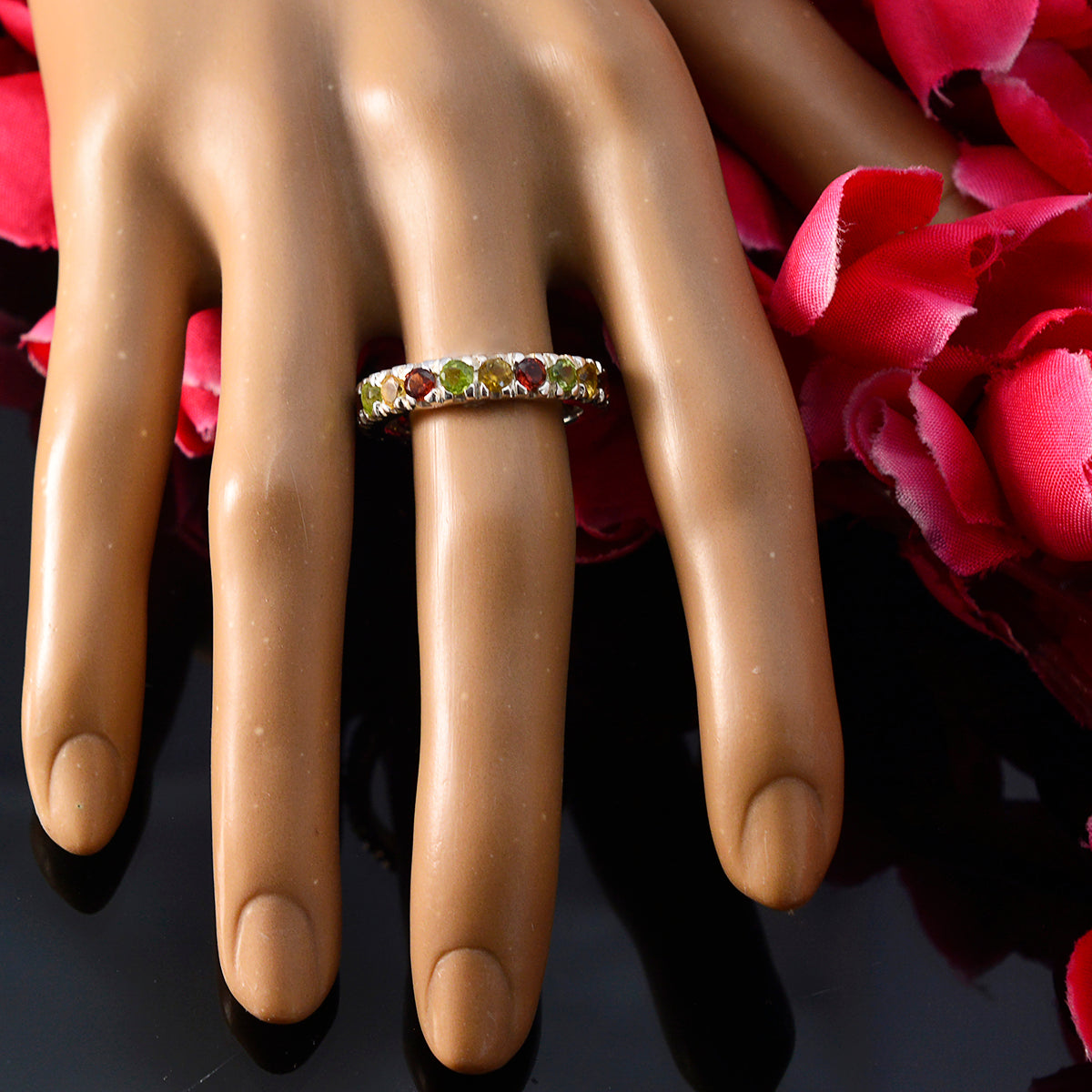 Multi Stone multiple Moroccan 925 Sterling Silver multicolor Gemstone Slim Eternity Band Jewellery