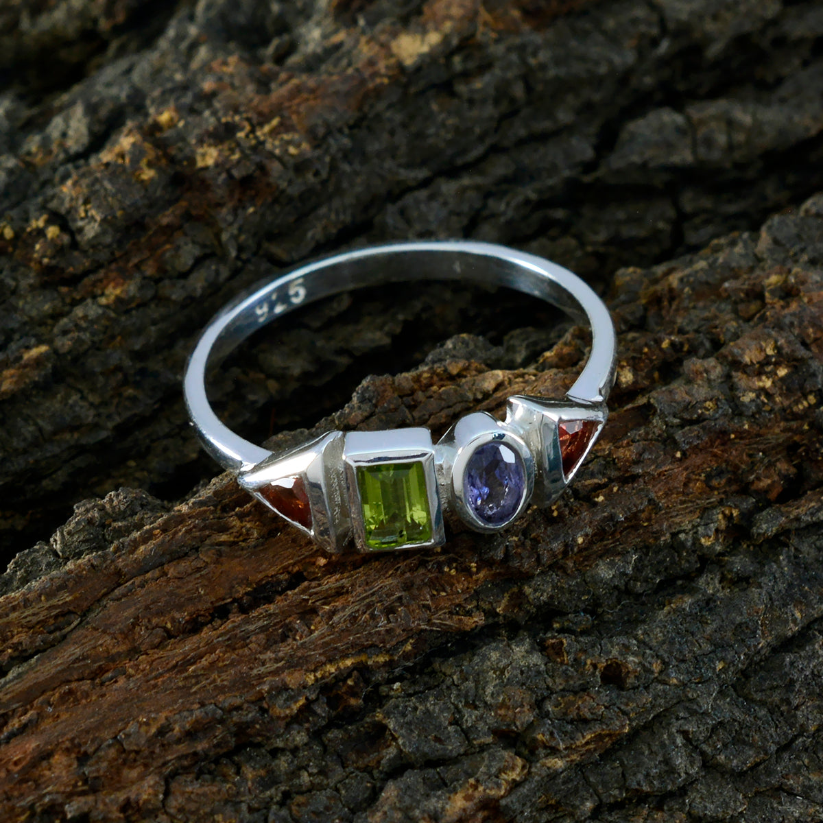 Multi Stone quarter Korean Sterling Silver multicolor Gemstone Delicate Graceful Ring Jewellery