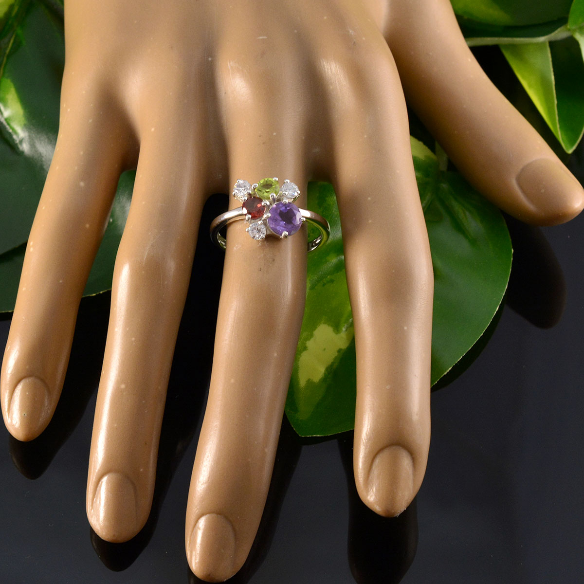 Multi Stone Hexa Turkish Sterling Silver multicolor Gems Whisper thin Graceful Ring Jewelry