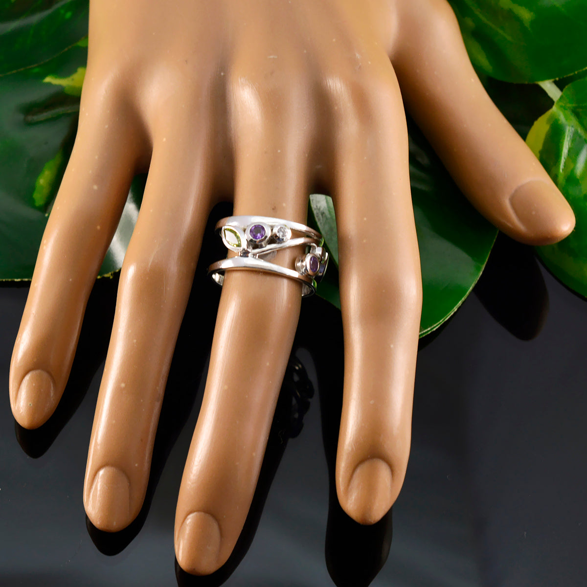 Multi Stone multiple Moroccan Sterling Silver multicolor Gemstones Mid weight Bubble Band Jewelry