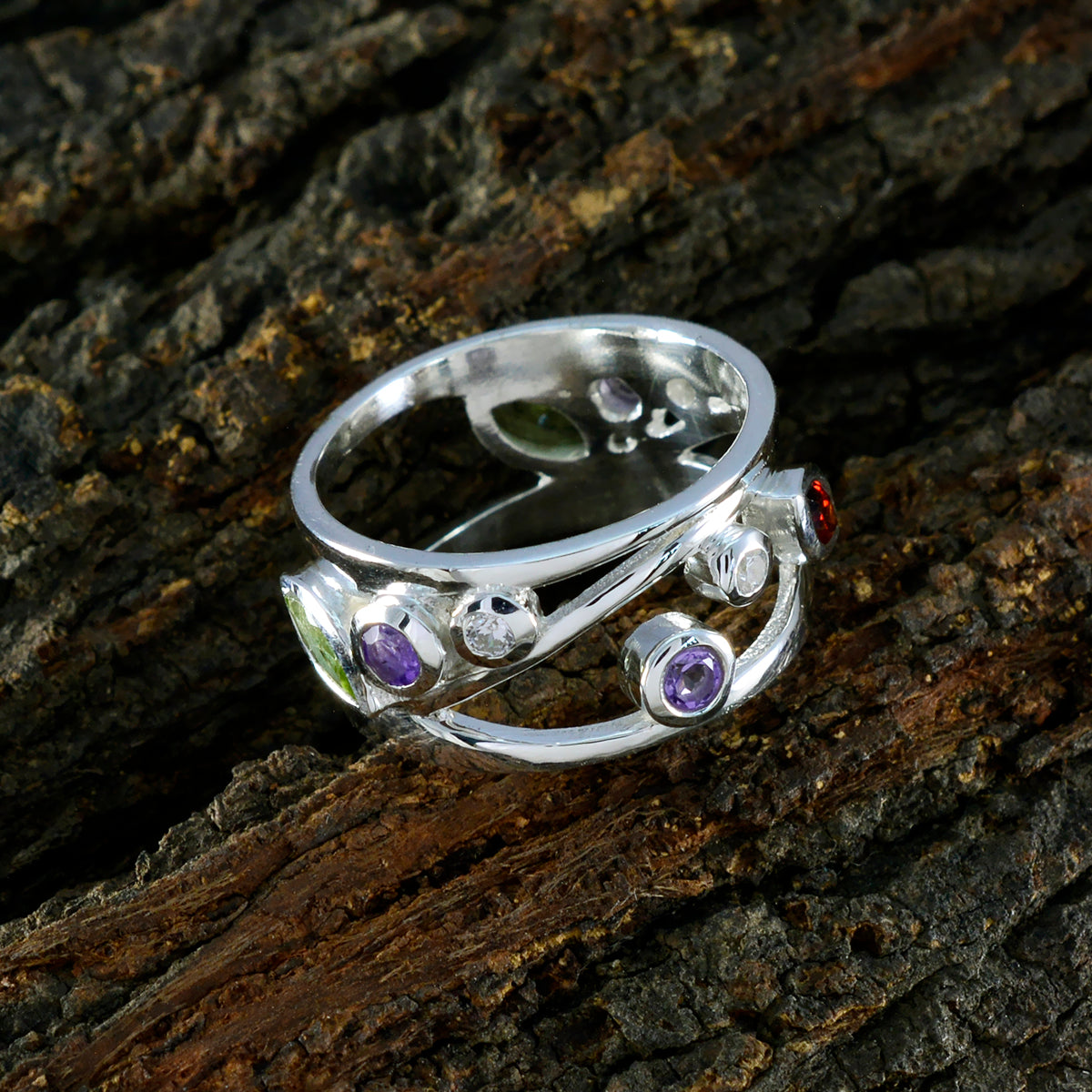 Multi Stone multiple Moroccan Sterling Silver multicolor Gemstones Mid weight Bubble Band Jewelry