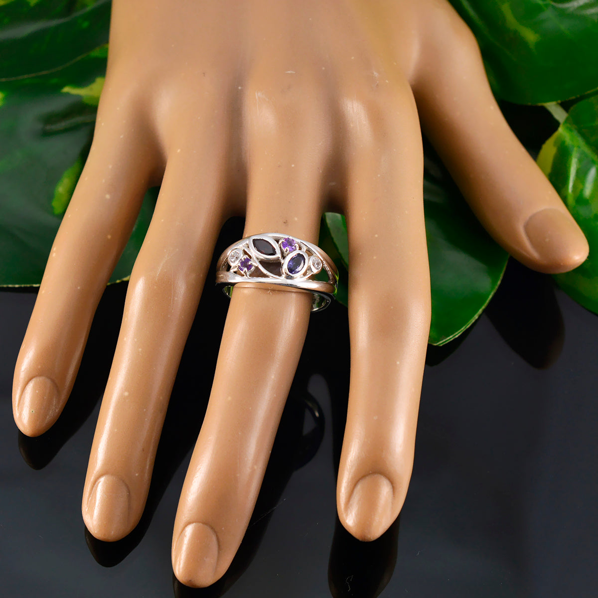 Multi Stone multiple Indian Silver multicolor Gems Tiny Modern Ring Jewelry