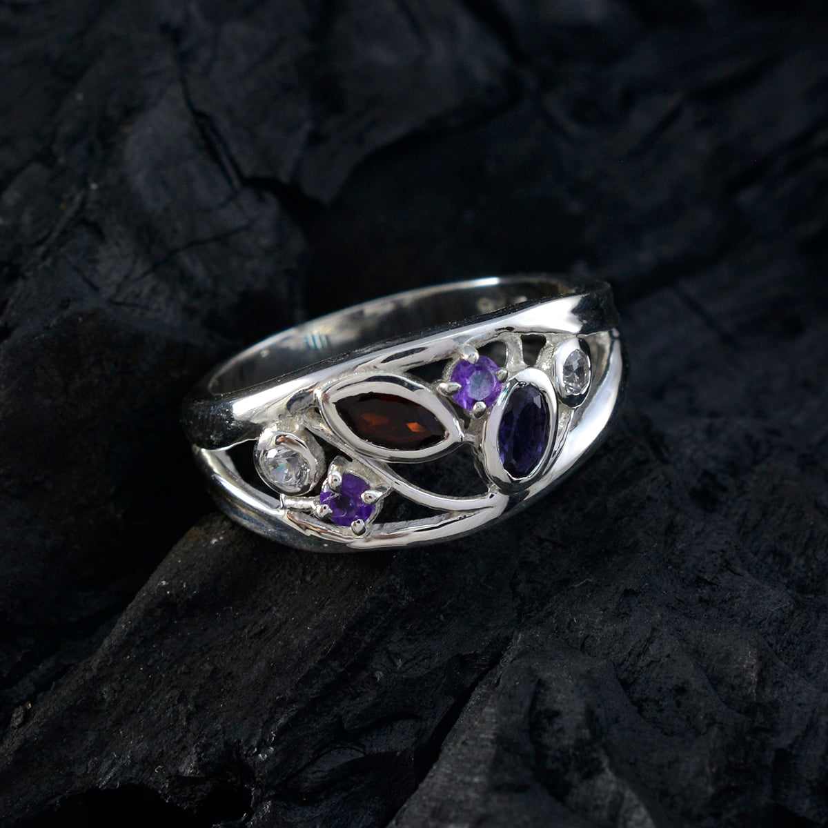 Multi Stone multiple Indian Silver multicolor Gems Tiny Modern Ring Jewelry