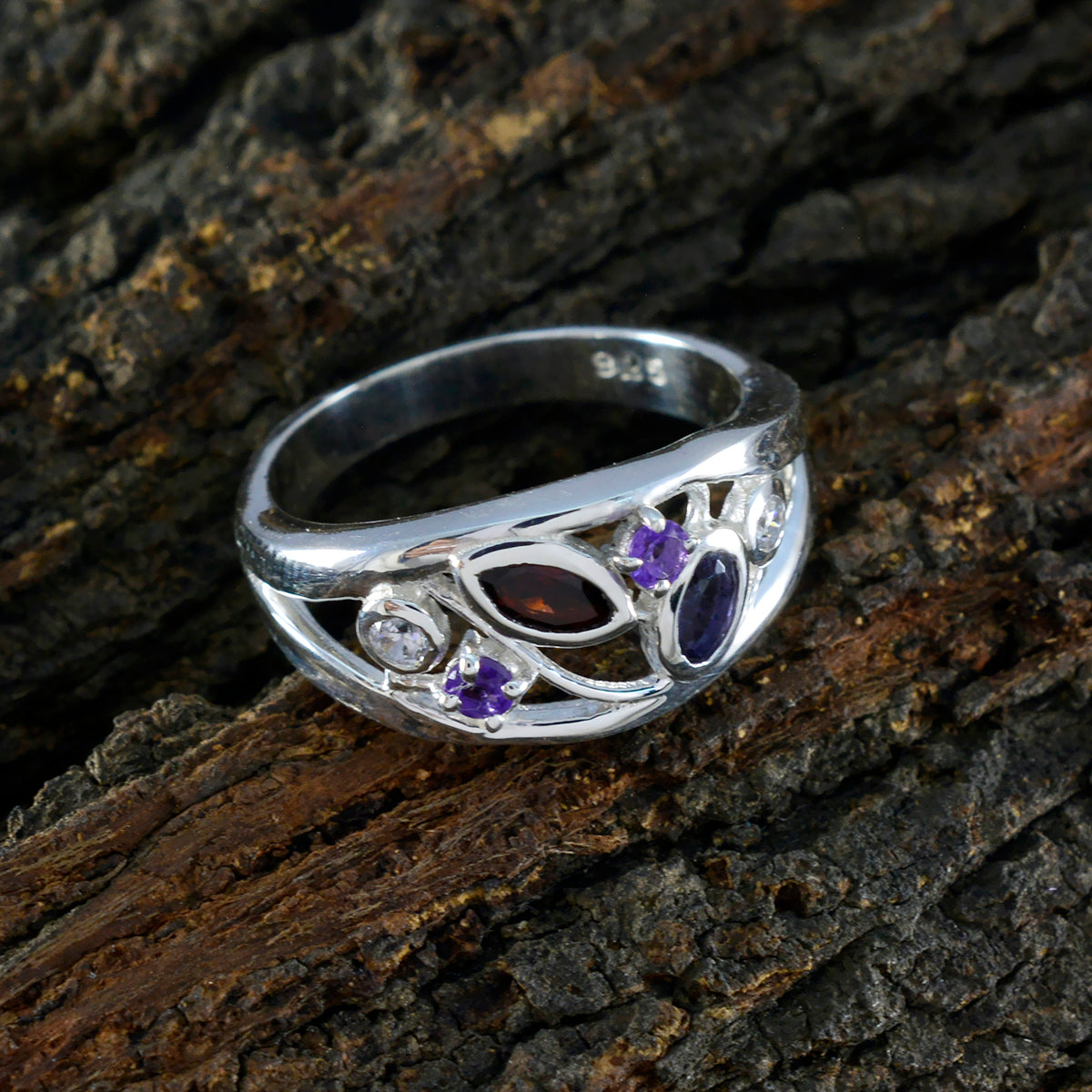 Multi Stone multiple Indian Silver multicolor Gems Tiny Modern Ring Jewelry