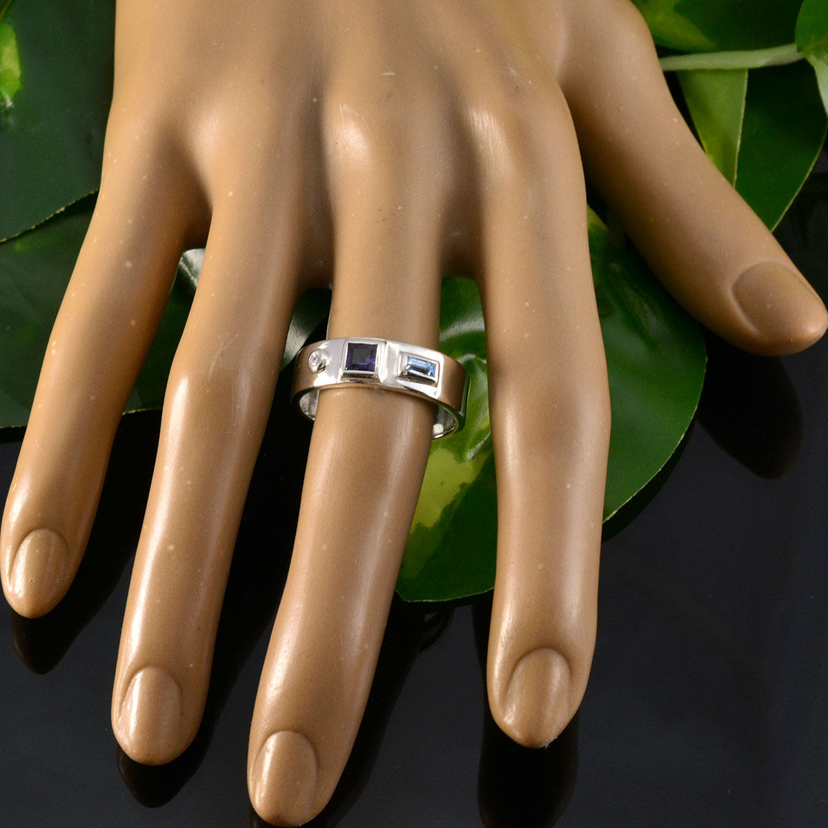 Multi Stone Trilogy Egyptian Silver multicolor Gemstone Tiny Abstract Band Jewelry