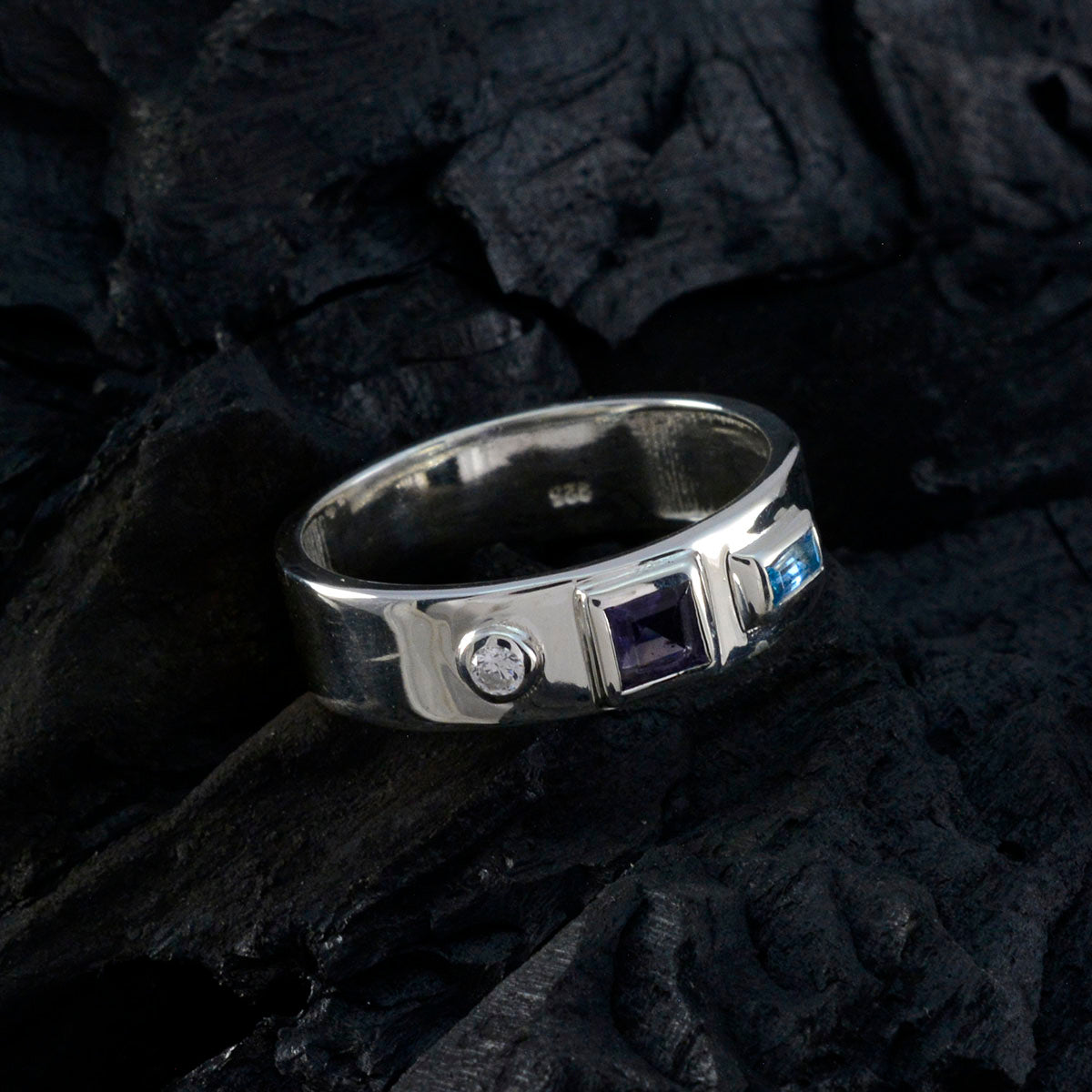 Multi Stone Trilogy Egyptian Silver multicolor Gemstone Tiny Abstract Band Jewelry