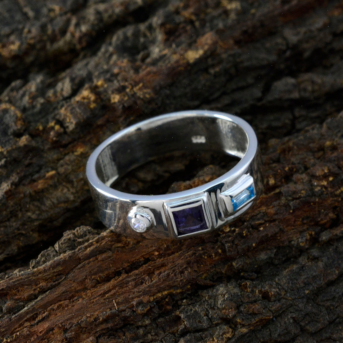 Multi Stone Trilogy Egyptian Silver multicolor Gemstone Tiny Abstract Band Jewelry