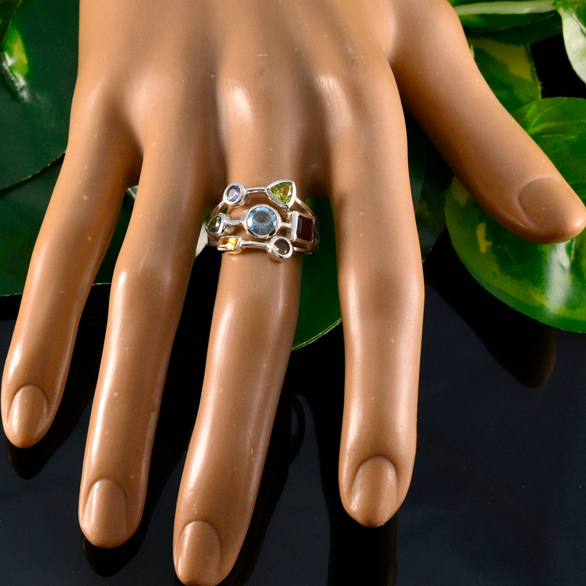 Multi Stone Hepta French 925 Sterling Silver multicolor Gemstone Featherlight Cocktail Ring Jewelry