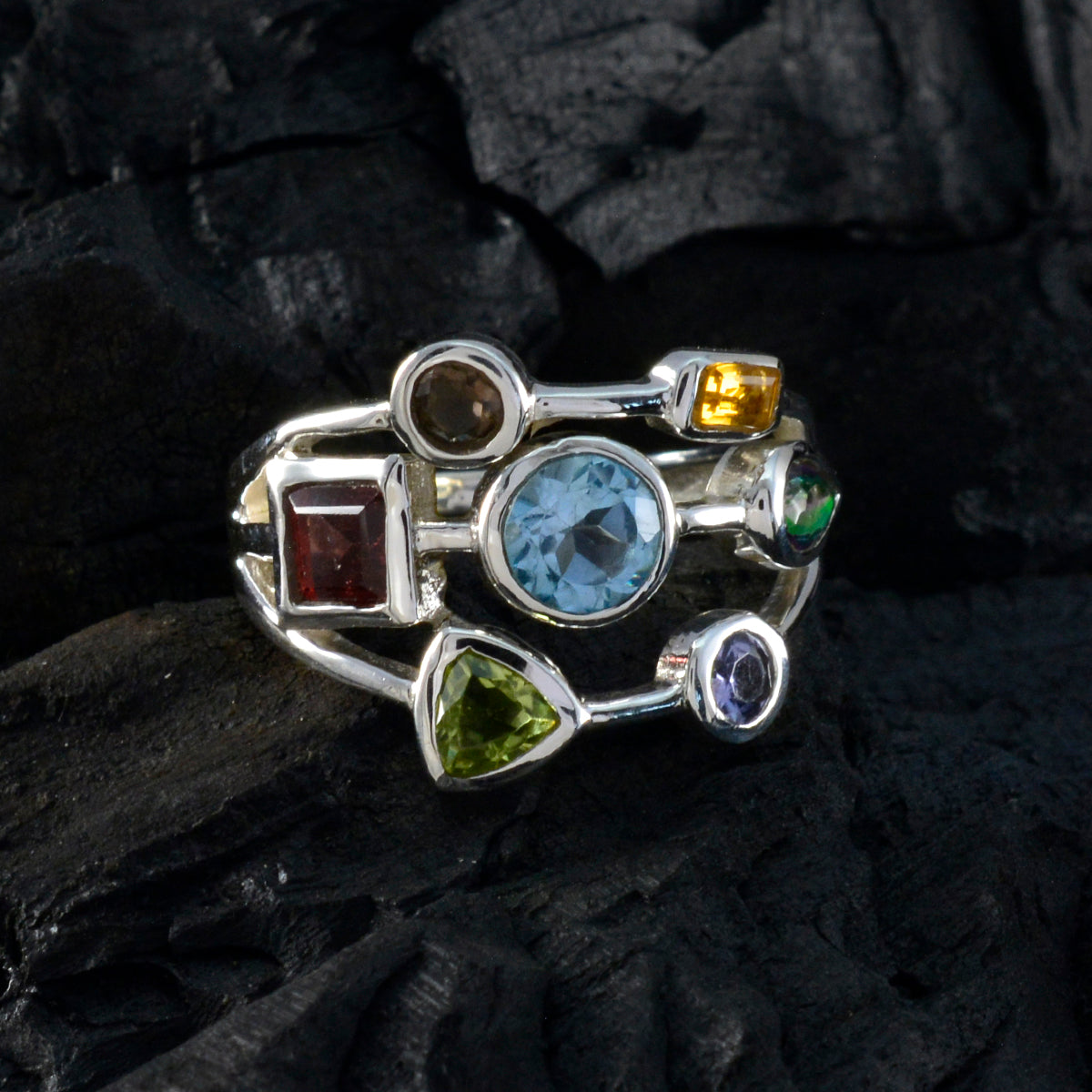 Multi Stone Hepta French 925 Sterling Silver multicolor Gemstone Featherlight Cocktail Ring Jewelry