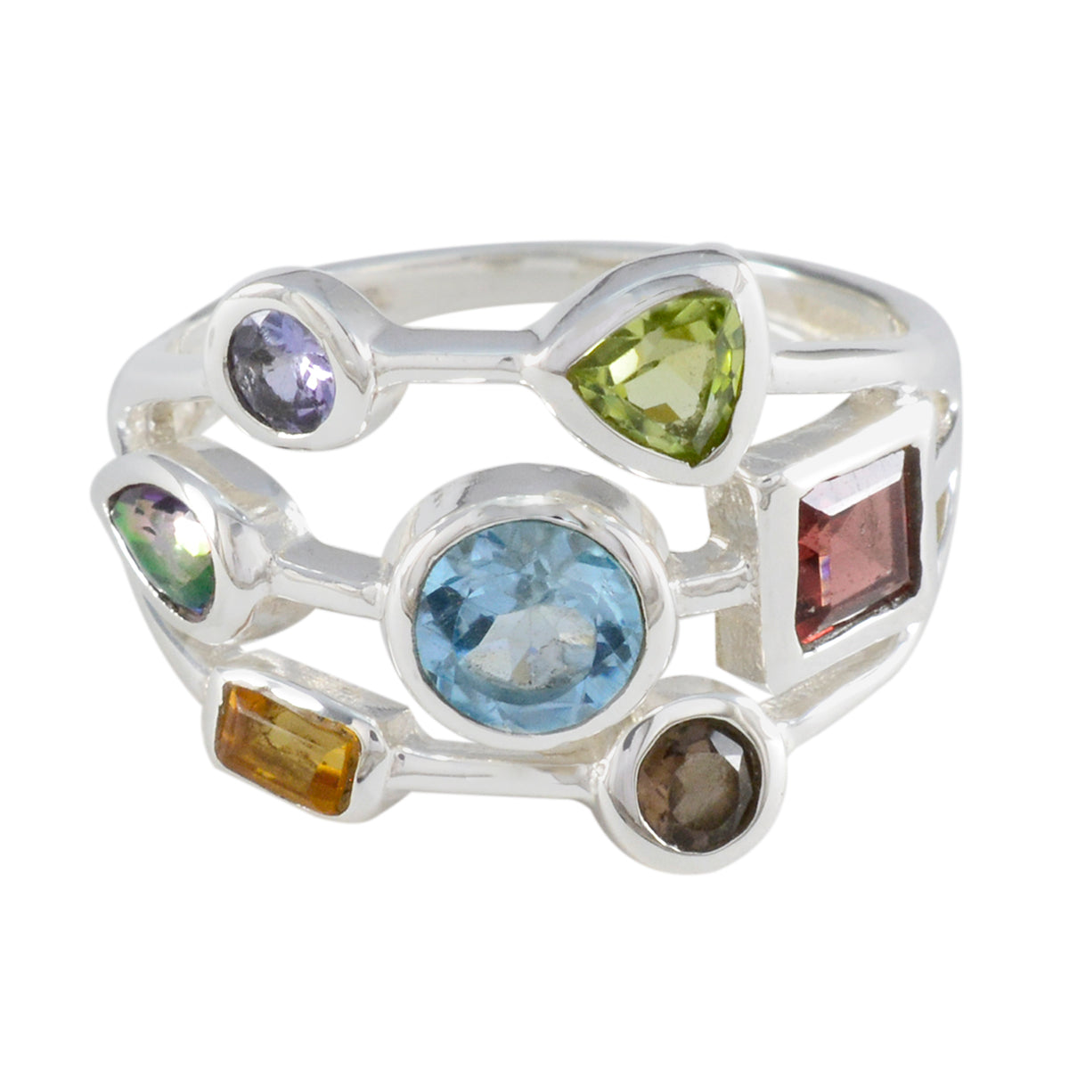 Multi Stone Hepta French 925 Sterling Silver multicolor Gemstone Featherlight Cocktail Ring Jewelry