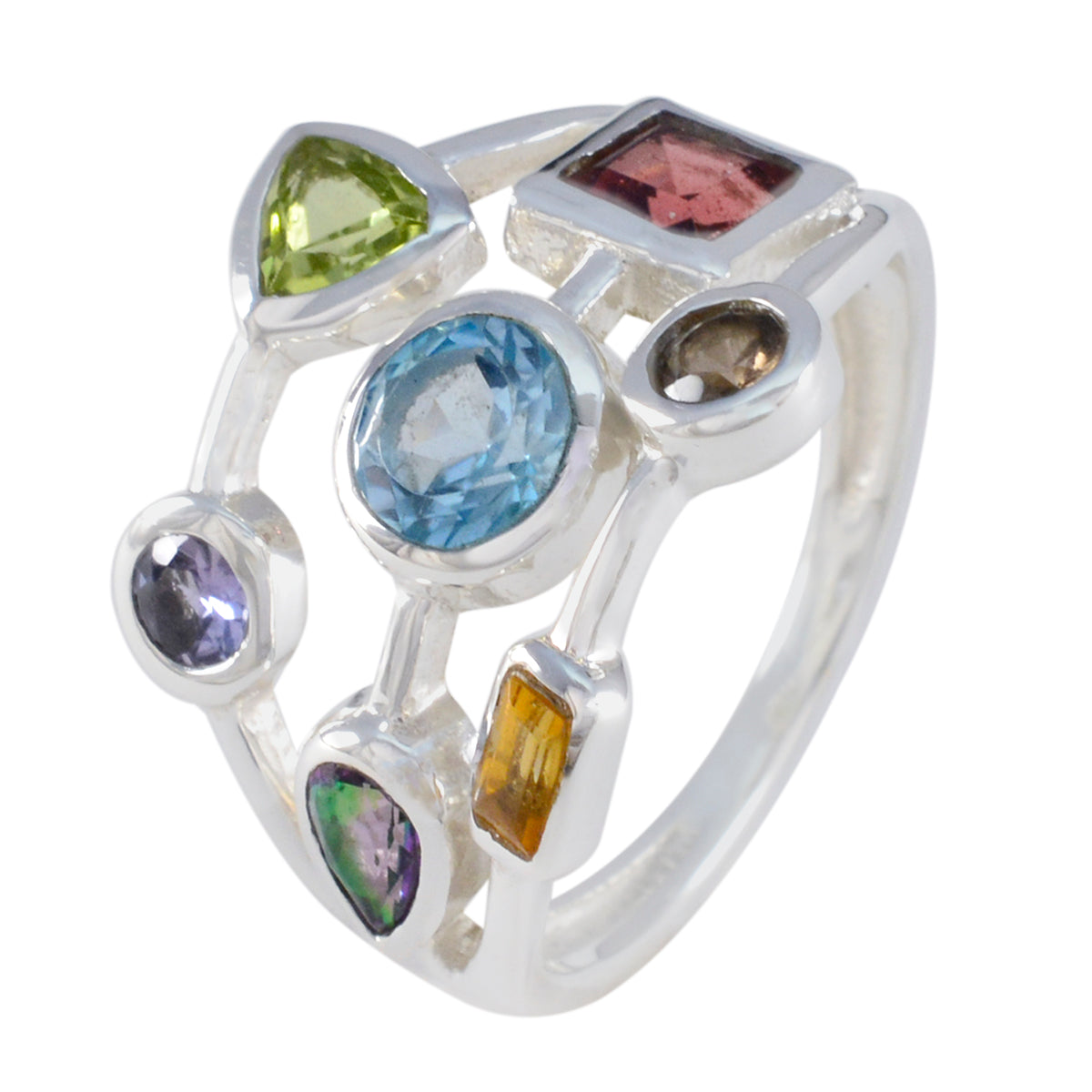 Multi Stone Hepta French 925 Sterling Silver multicolor Gemstone Featherlight Cocktail Ring Jewelry