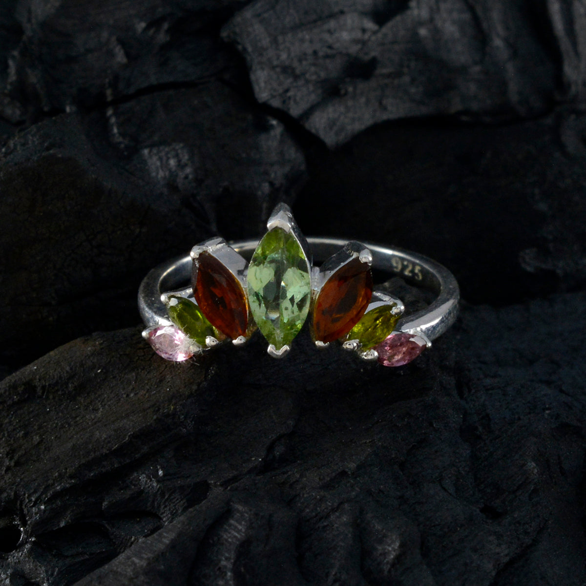 Multi Stone Hepta Korean 925 Silver multicolor Gems Dainty crown Ring Jewellery