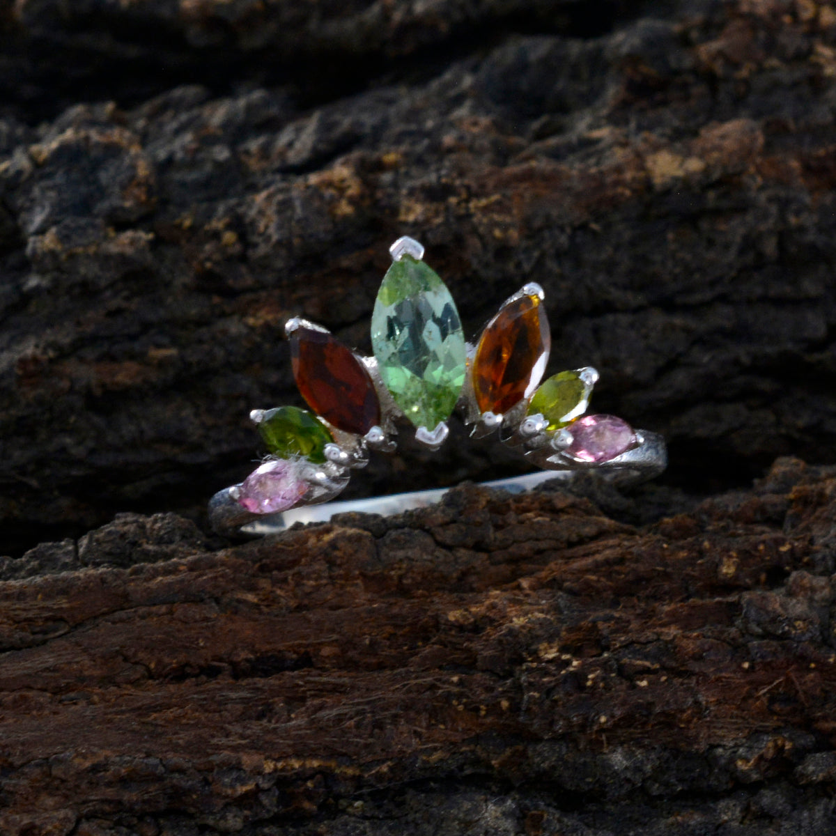 Multi Stone Hepta Korean 925 Silver multicolor Gems Dainty crown Ring Jewellery