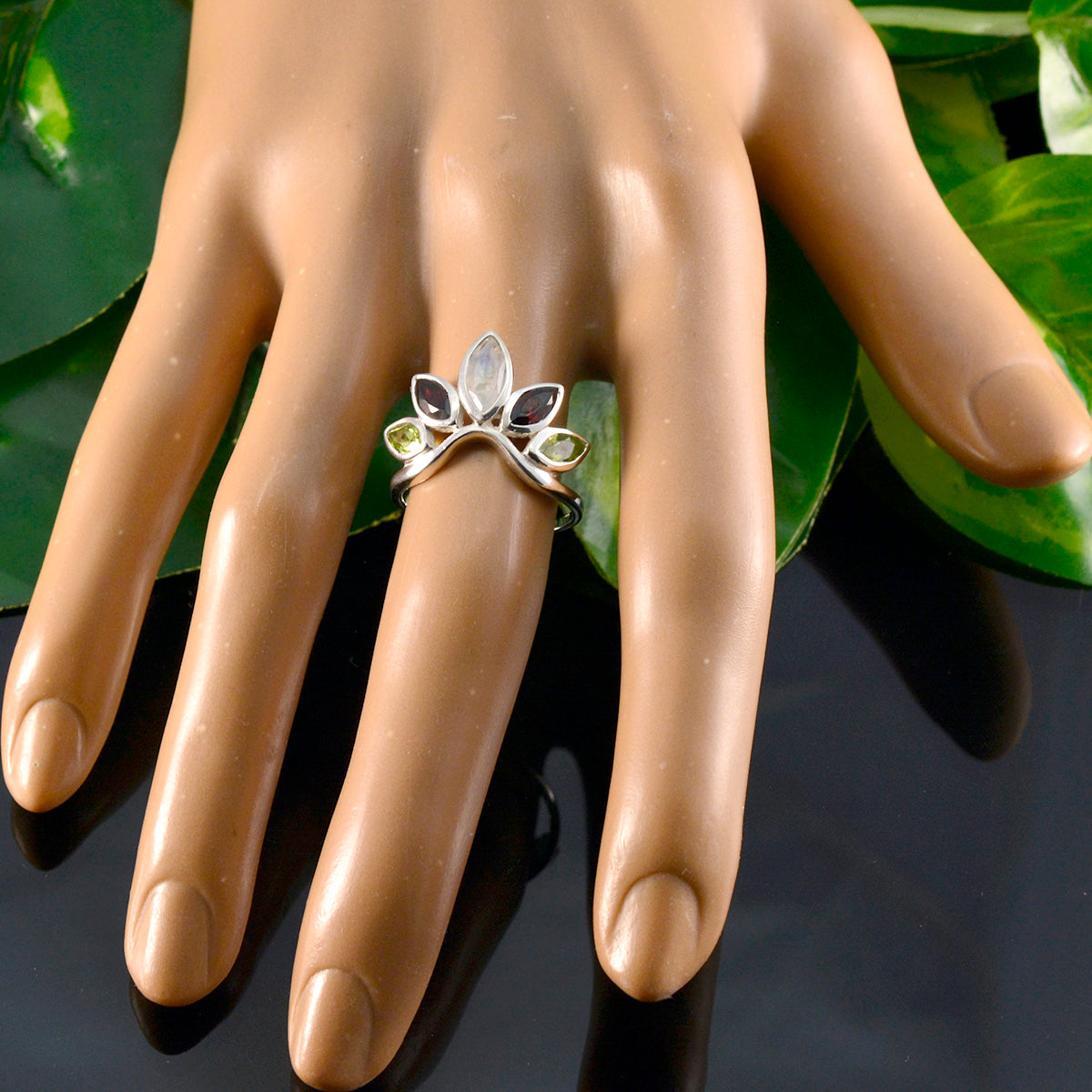 Multi Stone Penta Japanese 925 Silver multicolor Gemstones Dainty crown Ring Jewelry