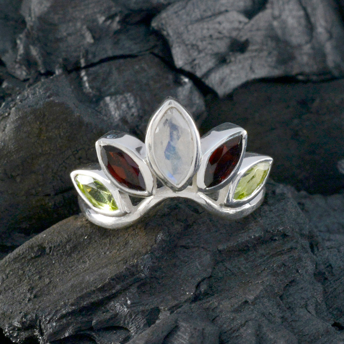 Multi Stone Penta Japanese 925 Silver multicolor Gemstones Dainty crown Ring Jewelry