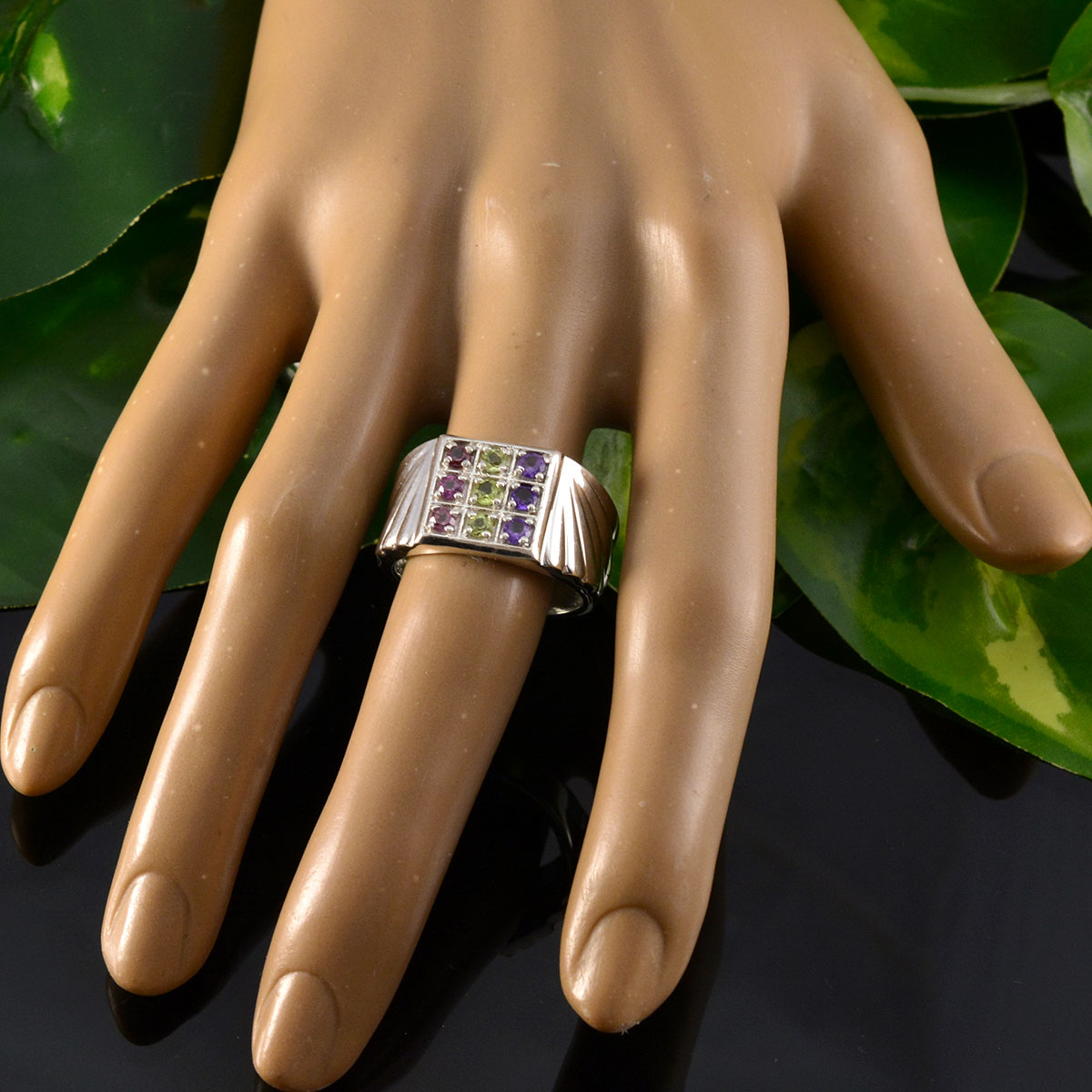 Multi Stone navratna Moroccan 925 Sterling Silver multicolor Gemstone Versatile Cocktail Ring Jewelry