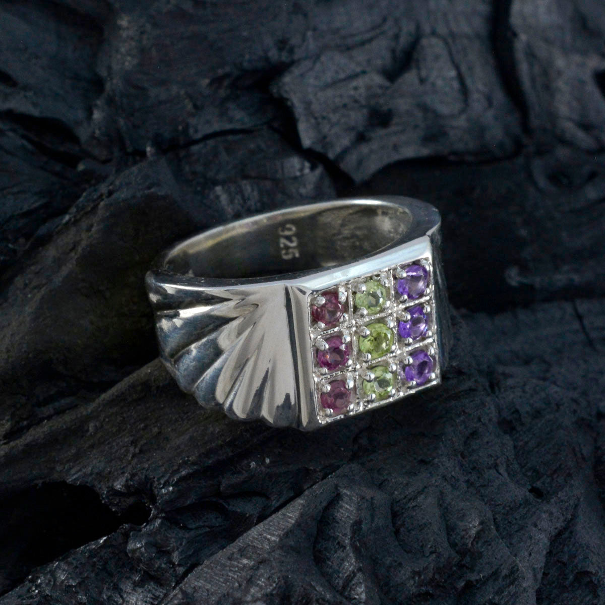 Multi Stone navratna Moroccan 925 Sterling Silver multicolor Gemstone Versatile Cocktail Ring Jewelry