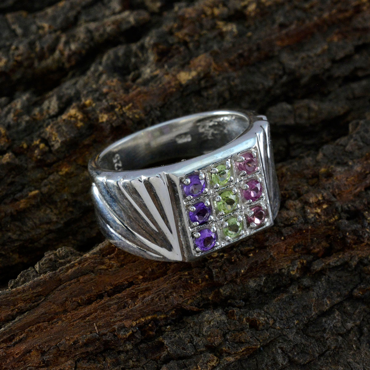 Multi Stone navratna Moroccan 925 Sterling Silver multicolor Gemstone Versatile Cocktail Ring Jewelry