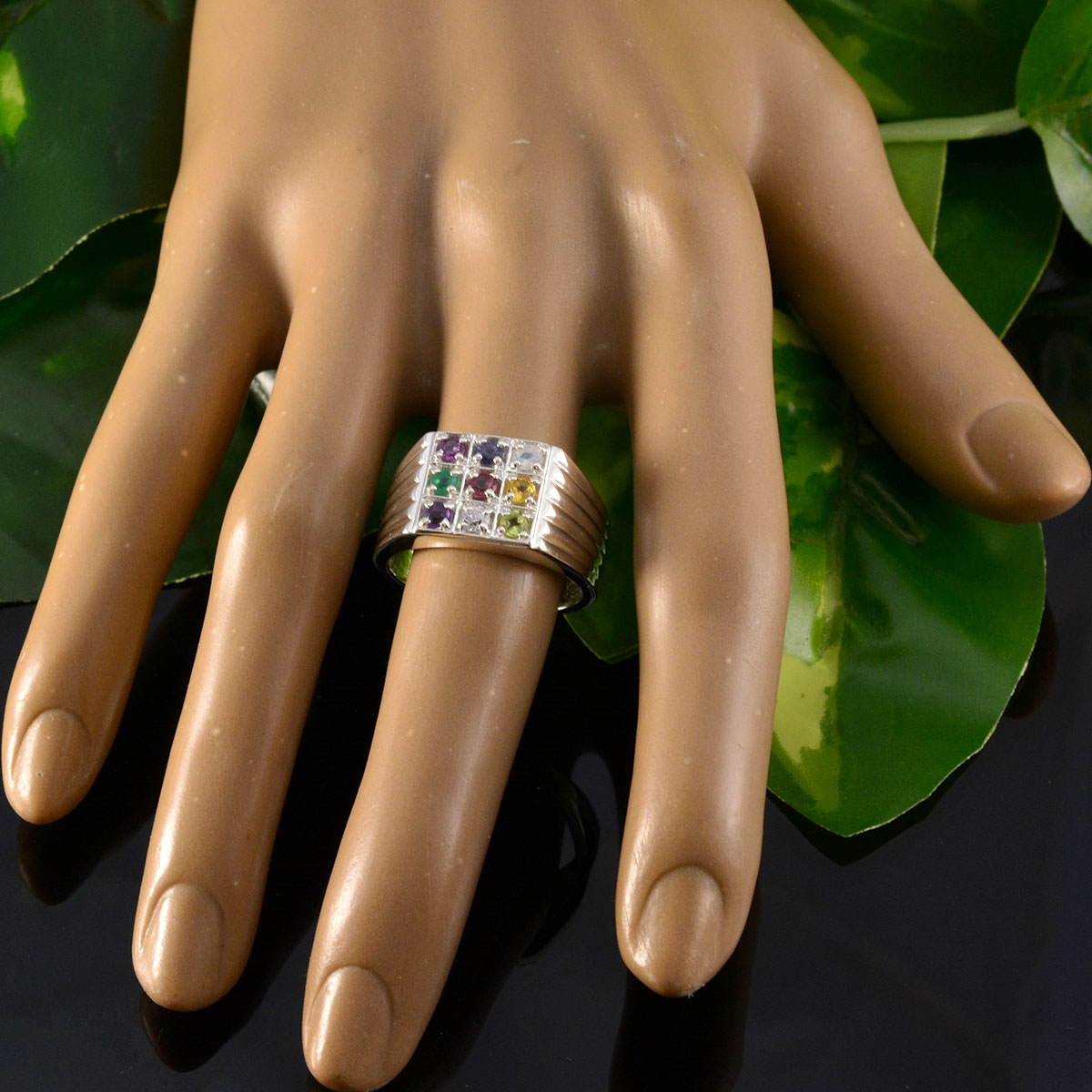 Multi Stone navratna French Sterling Silver multicolor Gems Eye catching Modern Ring Jewelry