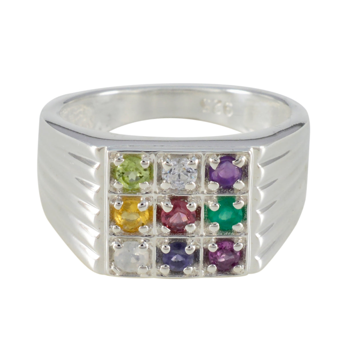 Multi Stone navratna French Sterling Silver multicolor Gems Eye catching Modern Ring Jewelry