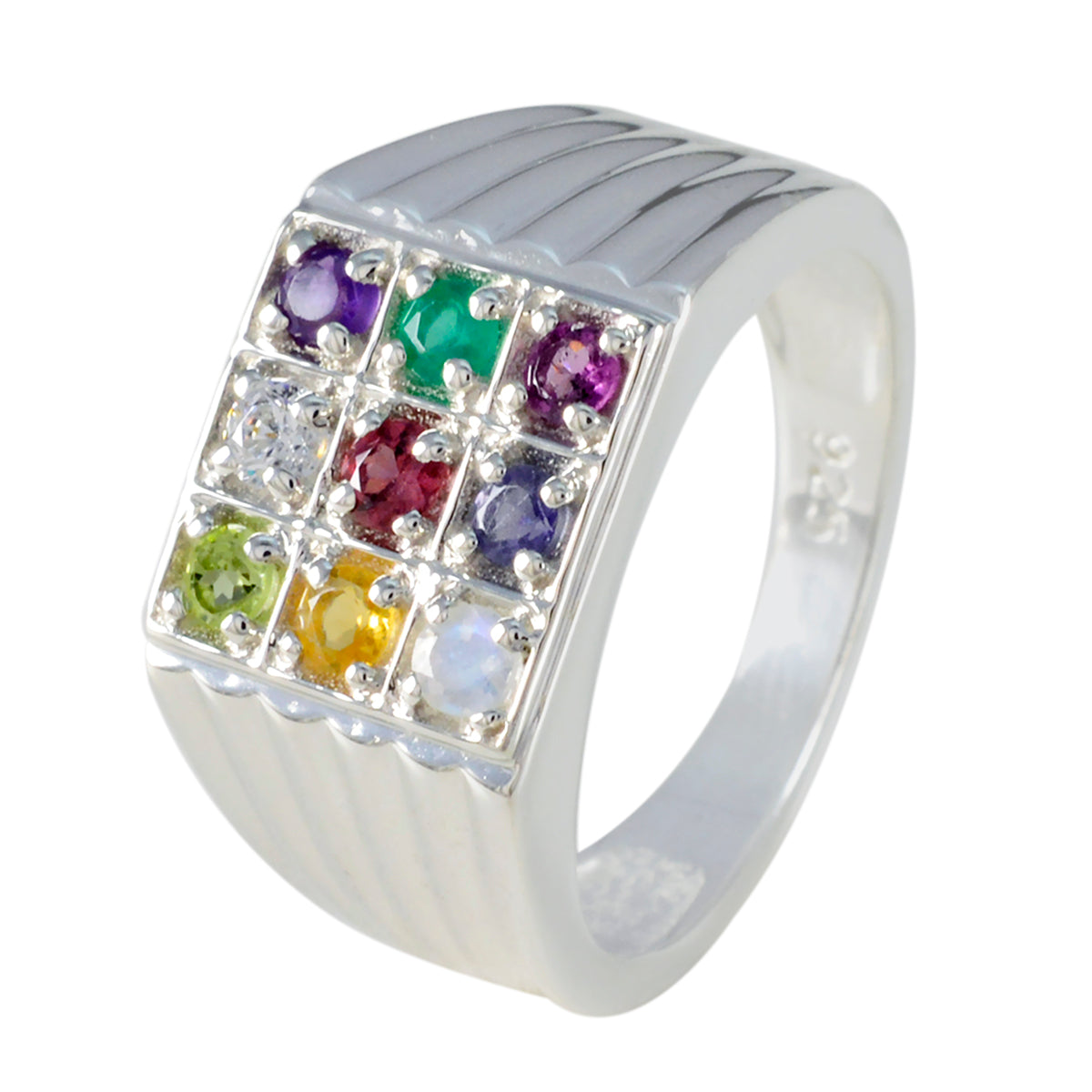 Anello moderno e accattivante con gemme multicolor in argento sterling francese Navratna multi pietra Immagine secondaria del prodotto