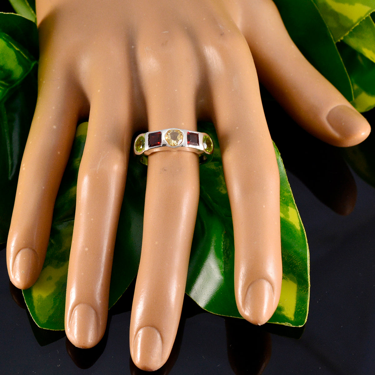 Multi Stone Penta Russian Silver multicolor Gemstone Tiny Abstract Ring Jewelry