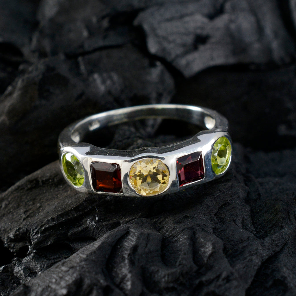 Multi Stone Penta Russian Silver multicolor Gemstone Tiny Abstract Ring Jewelry