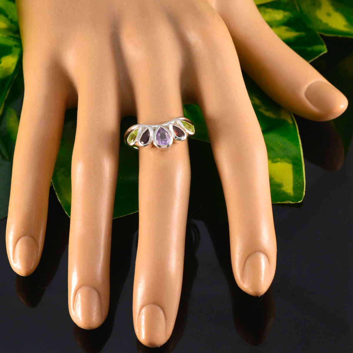 Multi Stone Penta Indian Silver multicolor Gems Slim crown Ring Jewellery