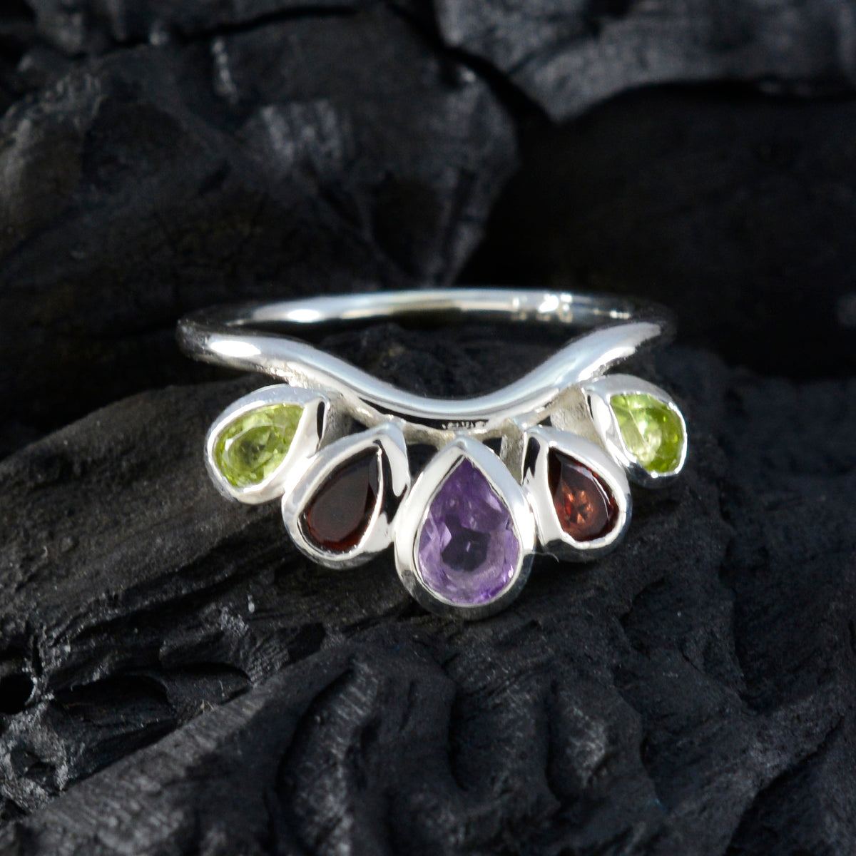 Multi Stone Penta Indian Silver multicolor Gems Slim crown Ring Jewellery