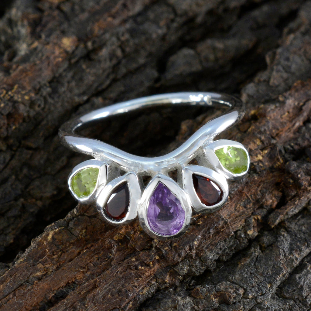 Multi Stone Penta Indian Silver multicolor Gems Slim crown Ring Jewellery