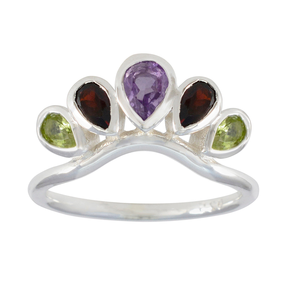 Multi Stone Penta Indian Silver multicolor Gems Slim crown Ring Jewellery メイン画像