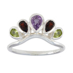 Multi Stone Penta Indian Silver multicolor Gems Slim crown Ring Jewellery