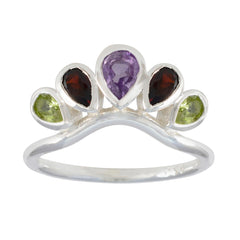 Multi Stone Penta Indian Silver multicolor Gems Slim crown Ring Jewellery