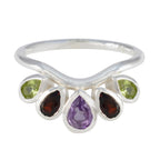 Multi Stone Penta Indian Silver multicolor Gems Slim crown Ring Jewellery