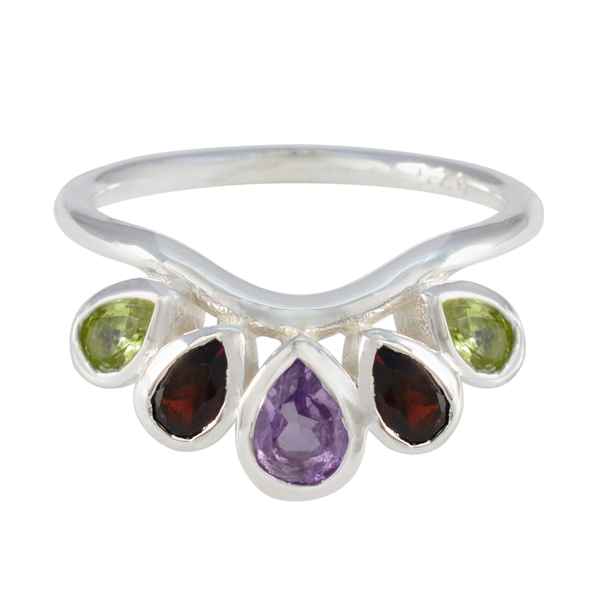 Multi Stone Penta Indian Silver multicolor Gems Slim crown Ring Jewellery