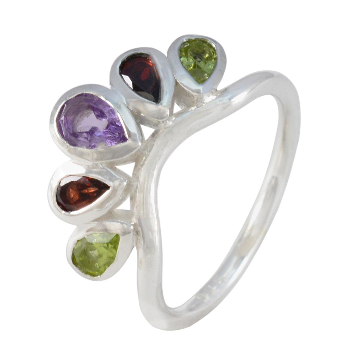 Multi Stone Penta Indian Silver multicolor Gems Slim crown Ring Jewellery