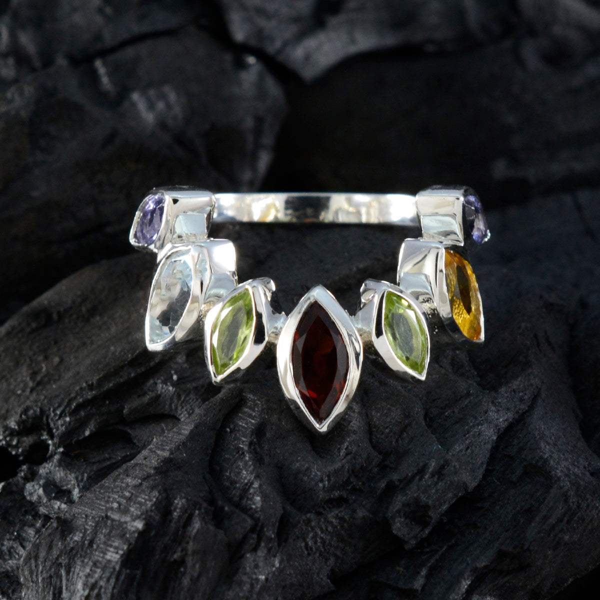 Multi Stone multiple African Sterling Silver multicolor Gemstone Featherlight crown Ring Jewelry