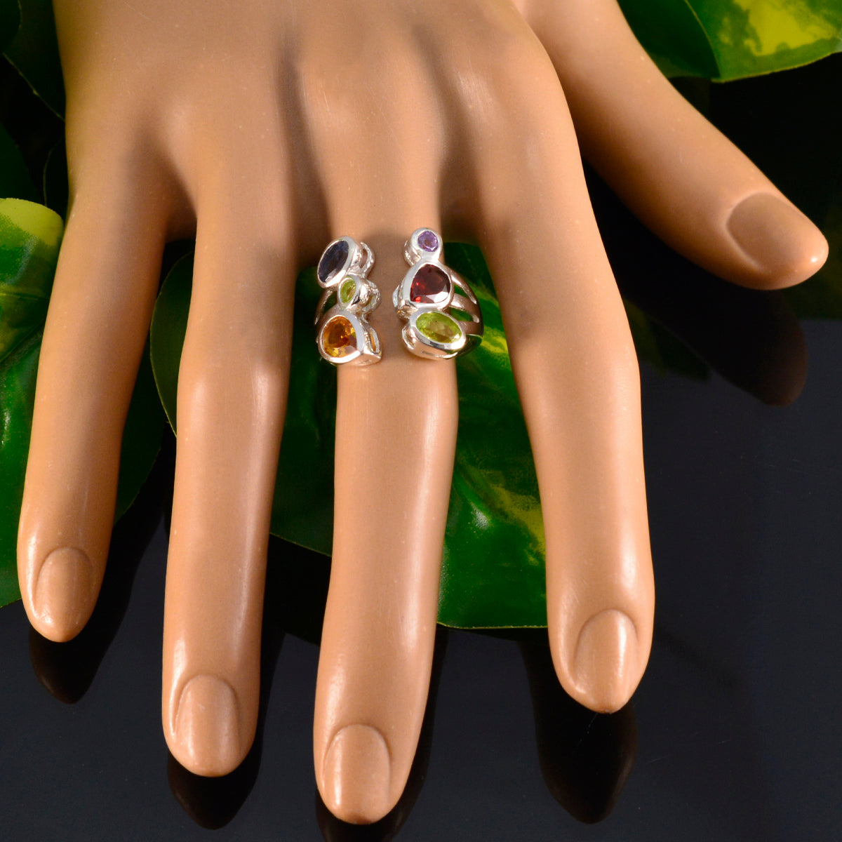 Multi Stone Hexa Moroccan Silver multicolor Gemstones Tiny Cocktail Ring Jewelry