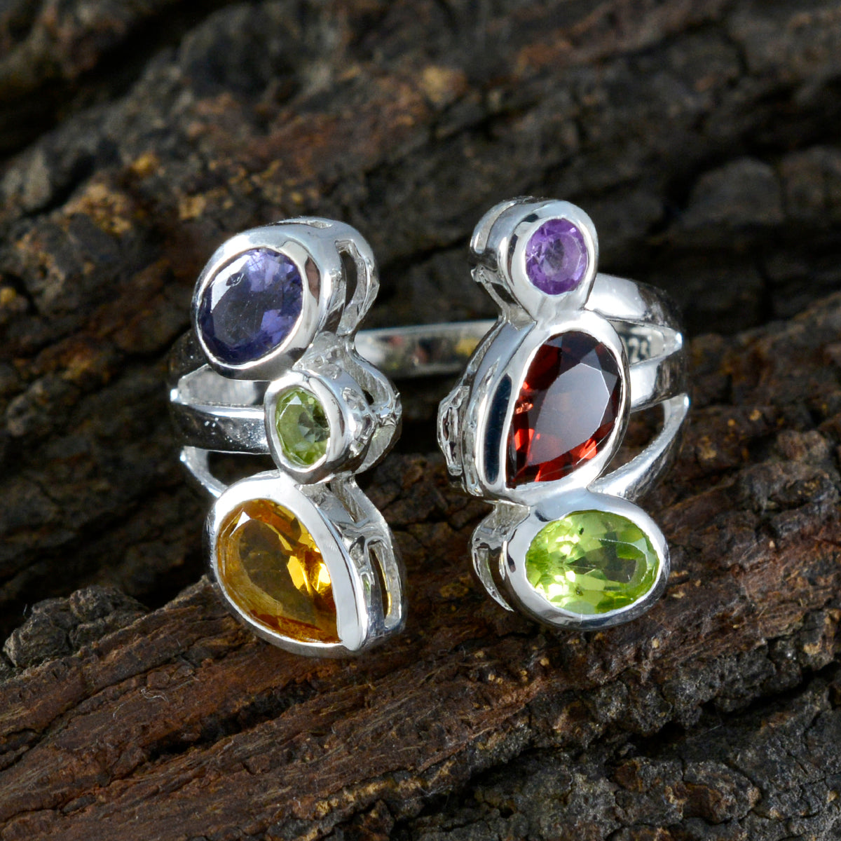 Multi Stone Hexa Moroccan Silver multicolor Gemstones Tiny Cocktail Ring Jewelry