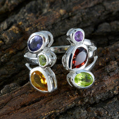 Multi Stone Hexa Moroccan Silver multicolor Gemstones Tiny Cocktail Ring Jewelry