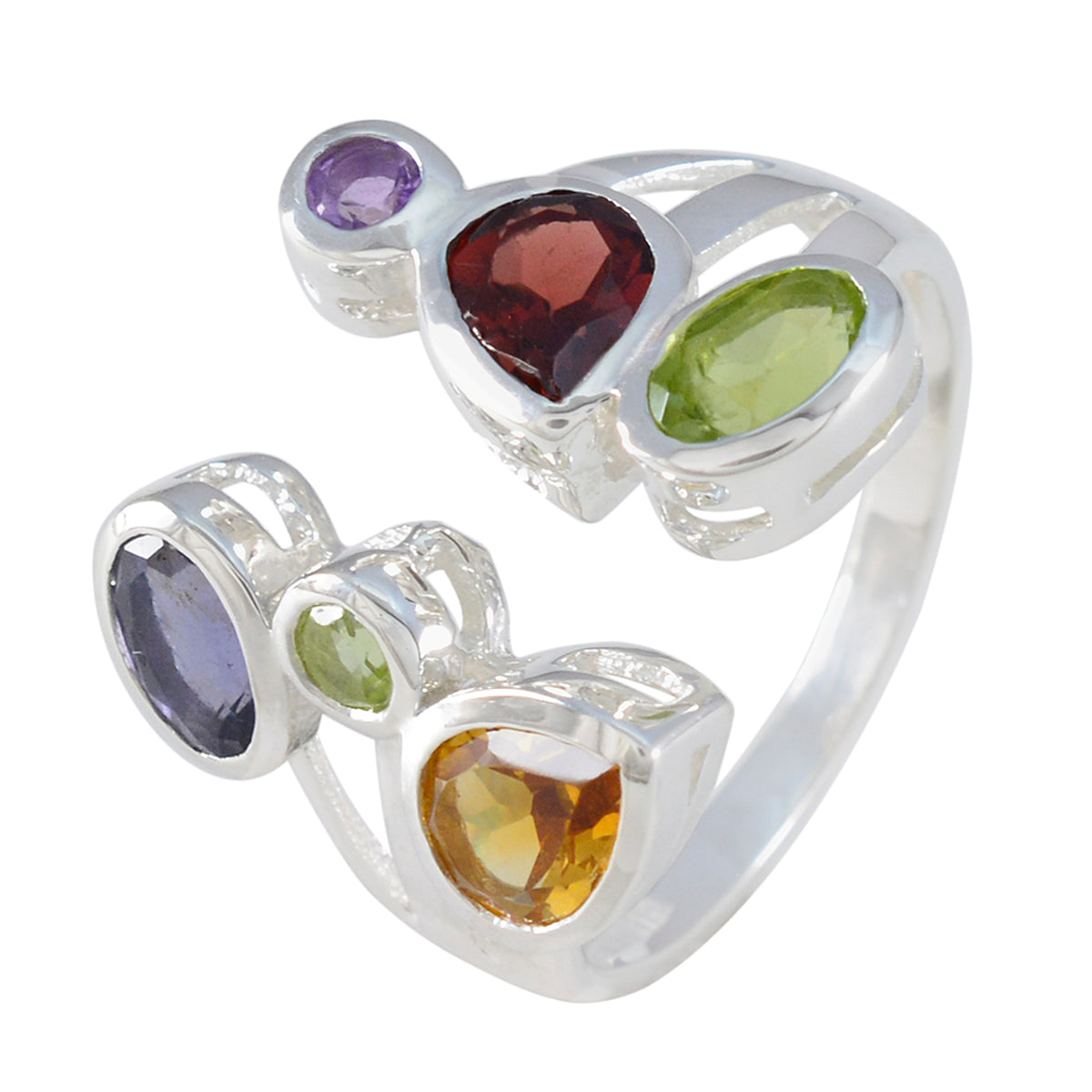 Multi Stone Hexa Moroccan Silver multicolor Gemstones Tiny Cocktail Ring Jewelry