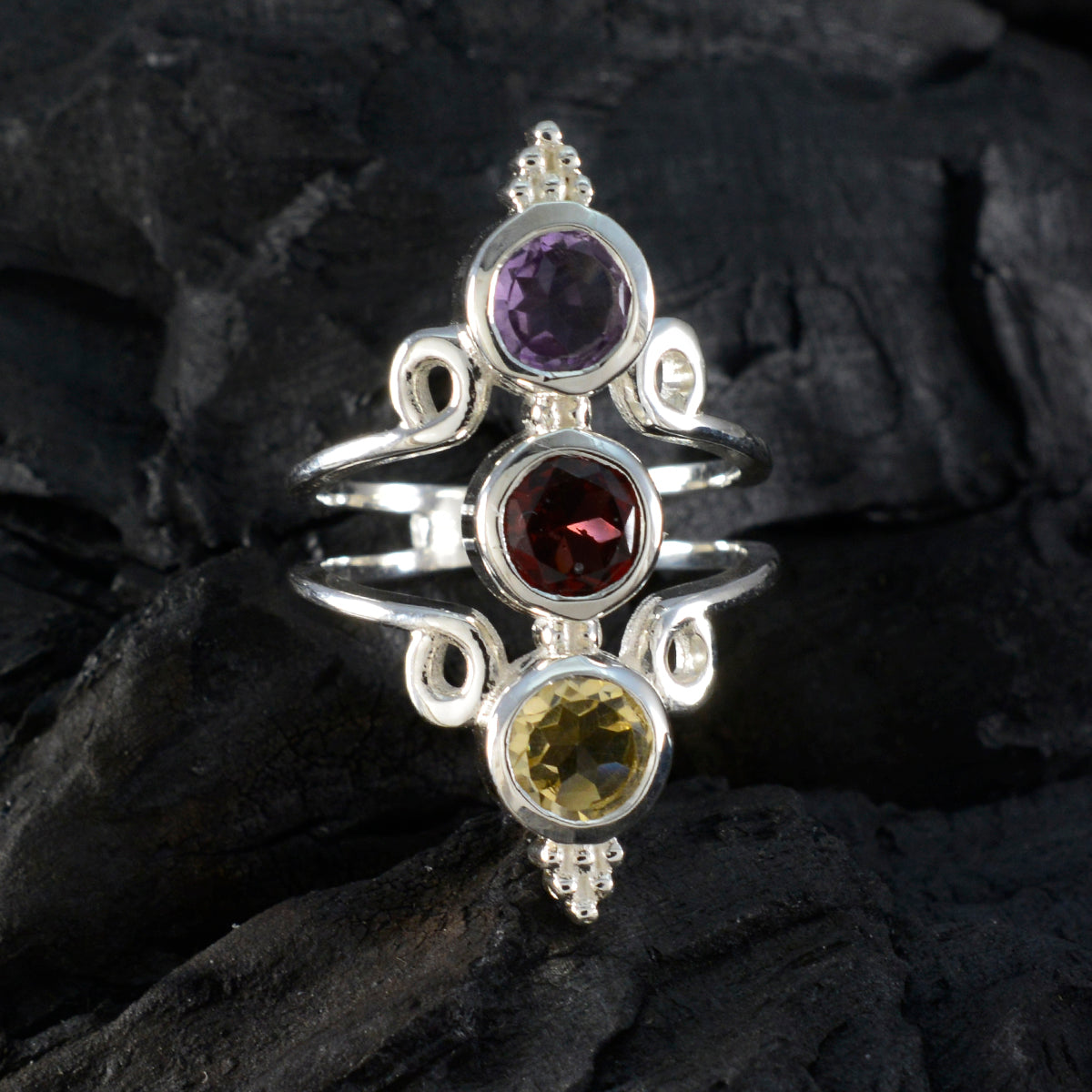 Multi Stone Trilogy Indian Sterling Silver multicolor Gemstones Classic Sophisticated Ring Jewelry