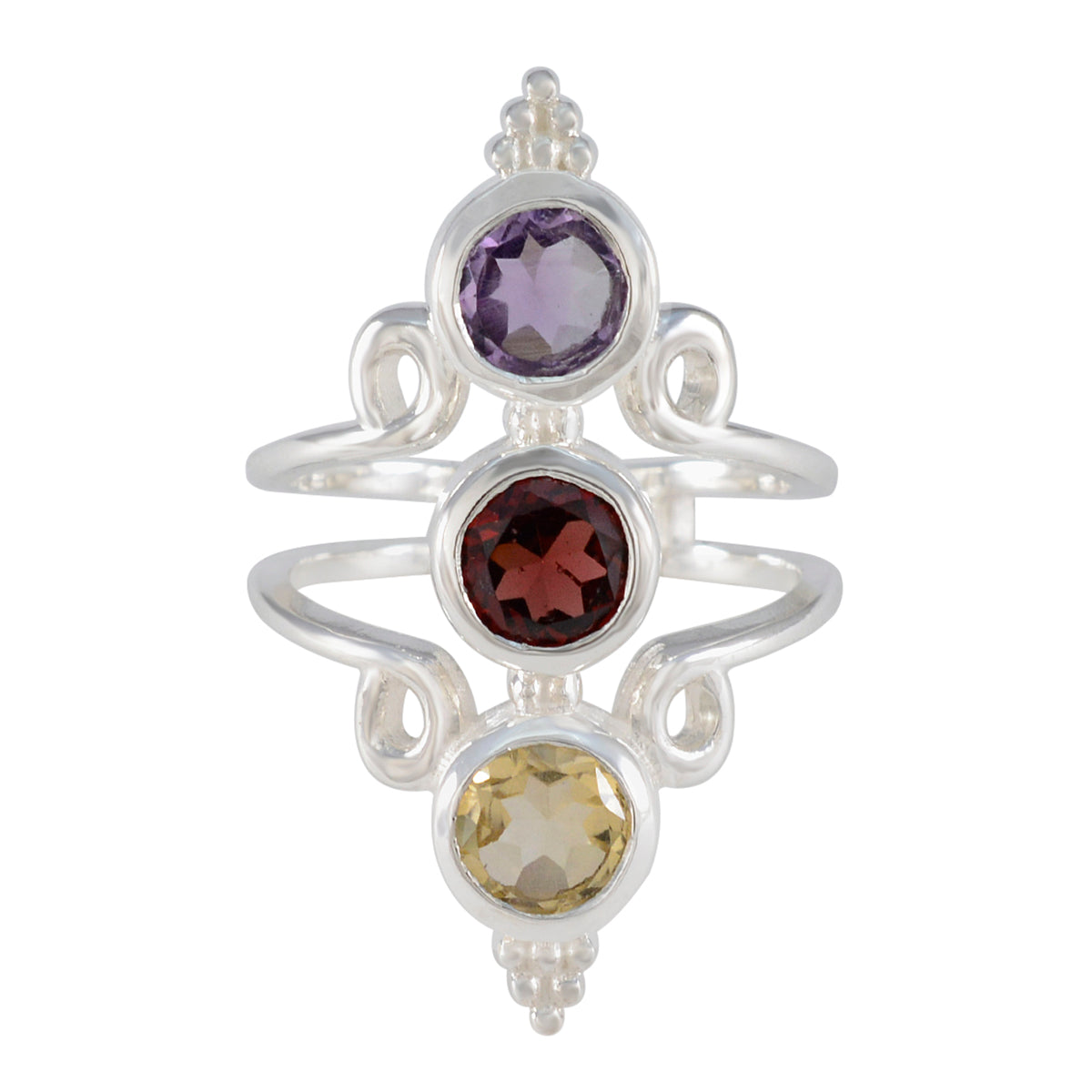 Multi Stone Trilogy Indian Sterling Silver multicolor Gemstones Classic Sophisticated Ring Jewelry Hoofdafbeelding