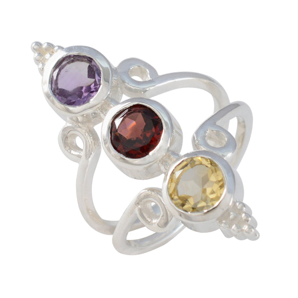 Multi Stone Trilogy Indian Sterling Silver multicolor Gemstones Classic Sophisticated Ring Jewelry