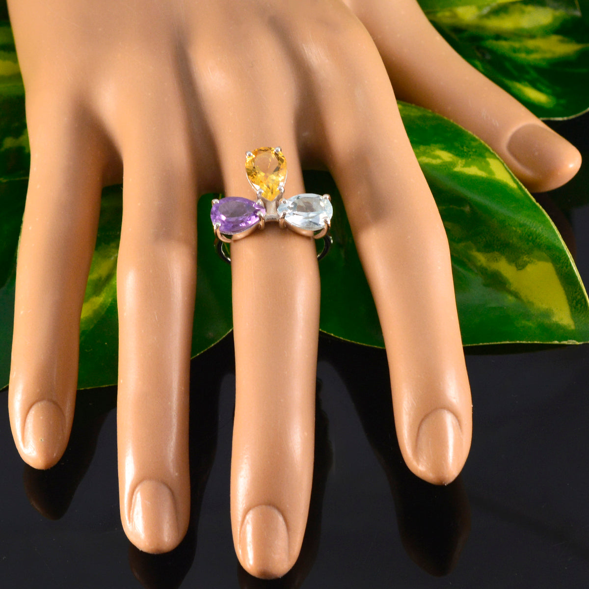 Multi Stone Trilogy African 925 Silver multicolor Gems Slim Graceful Ring Jewellery