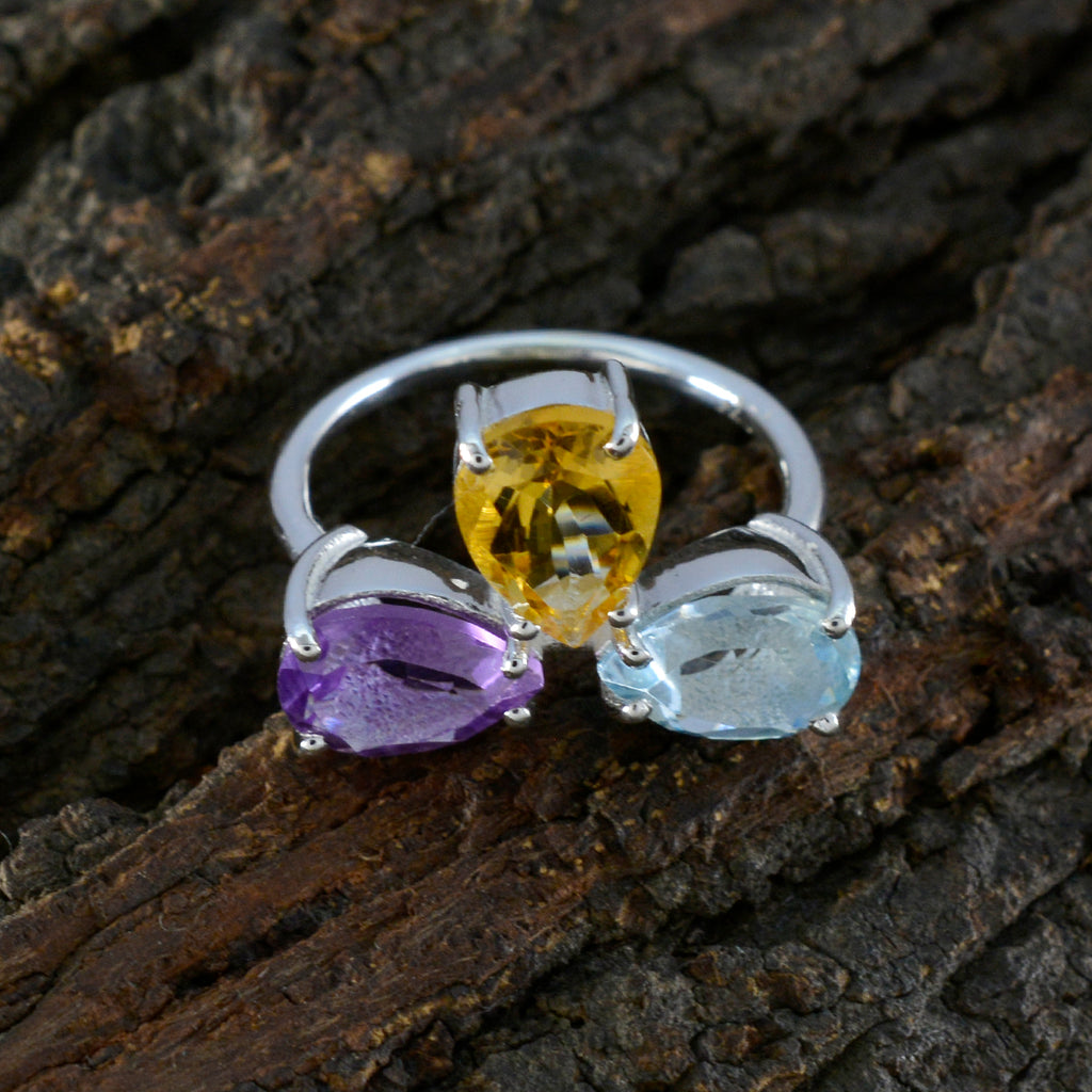 Multi Stone Trilogy African 925 Silver multicolor Gems Slim Graceful Ring Jewellery