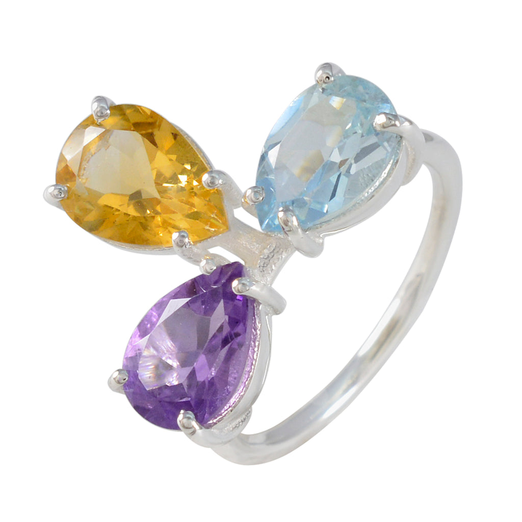 Multi Stone Trilogy African 925 Silver multicolor Gems Slim Graceful Ring Jewellery