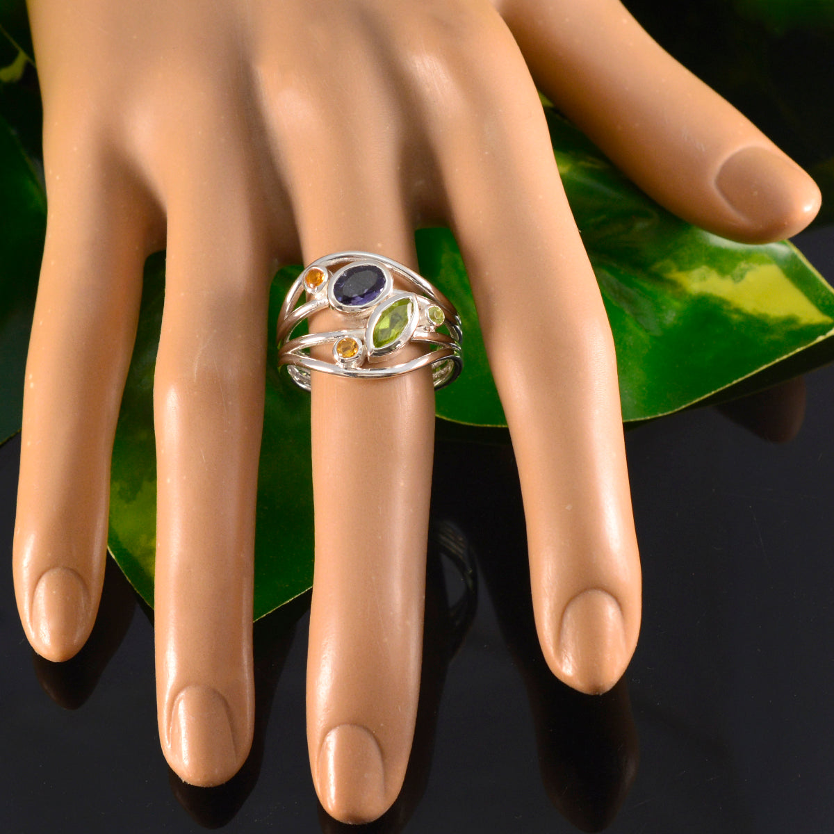 Multi Stone Penta Indian 925 Sterling Silver multicolor Gemstone Eye catching Abstract Ring Jewellery