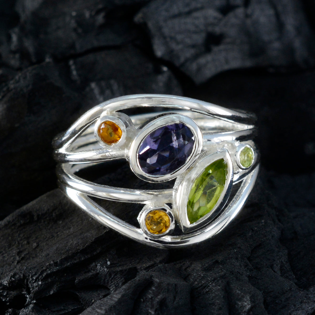 Multi Stone Penta Indian 925 Sterling Silver multicolor Gemstone Eye catching Abstract Ring Jewellery
