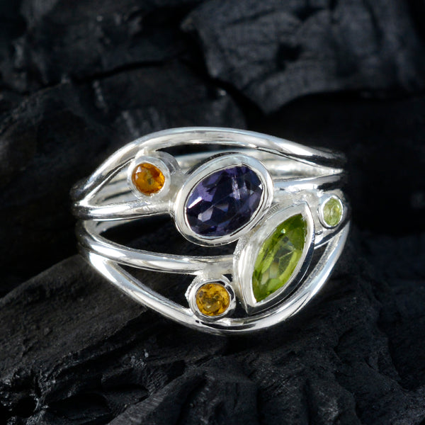 Multi Stone Penta Indian 925 Sterling Silver multicolor Gemstone Eye catching Abstract Ring Jewellery